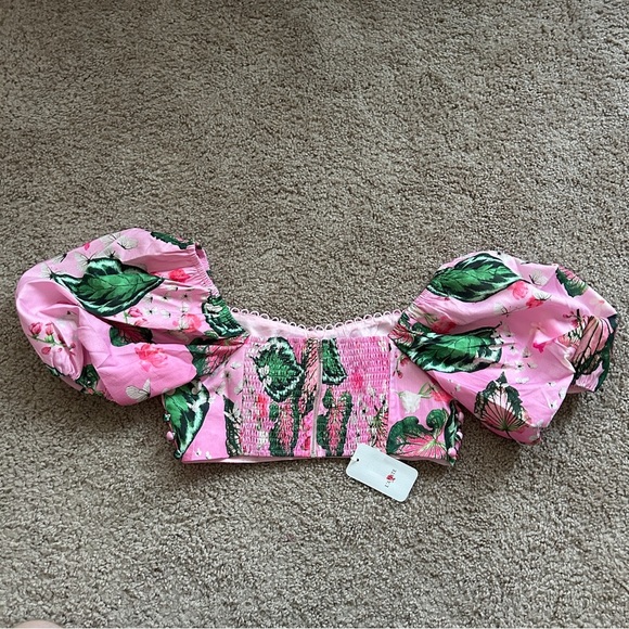 L'ATISTE Pink Ombre Green Floral Butterfly Zip Up Puff Sleeve Top NWT Size Large - Picture 6 of 12